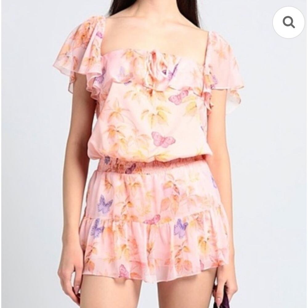 Amanda Uprichard Pink Butterfly Tiered Romper Mini Dress Size Large Fairycore